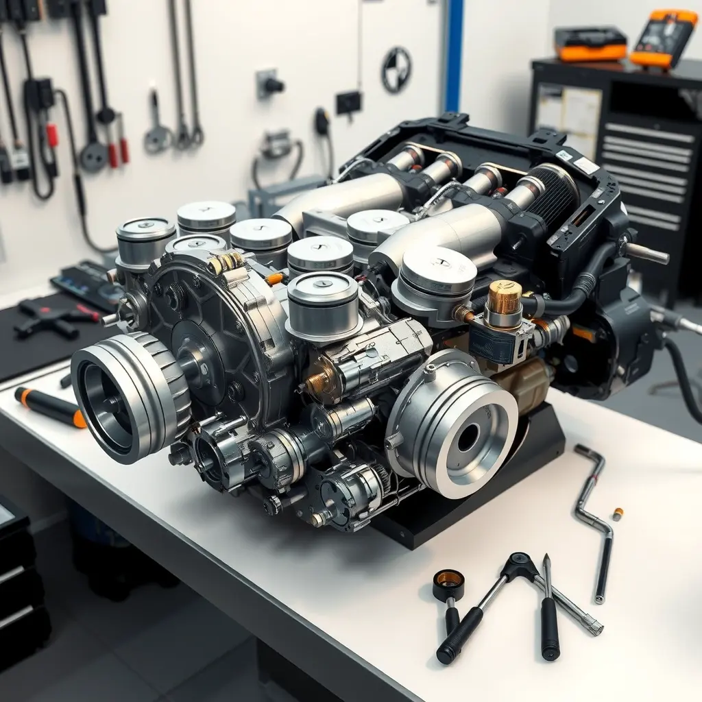 A highly detailed, realistic illustration of a Koenigsegg Jesko 5.1L V8 engine (E85 variant) undergoing a comprehensive overhaul. The engine is partially disassembled on a clean workshop bench, showing pistons, crankshaft, turbochargers, fuel system components, and precision tools like torque wrenches and diagnostic equipment. Emphasize the metallic textures, glowing fuel injectors, and the intricate engineering details, with a focus on the high-performance nature of the engine. The lighting is bright and studio-like, highlighting the craftsmanship and precision of the repair process.
