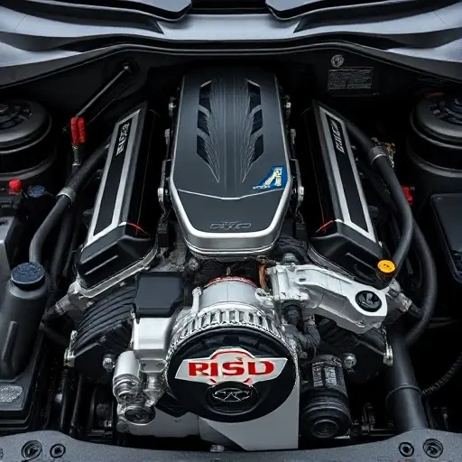 A close-up of a Chevrolet Camaro ZL1 6.2 V8 supercharged engine under a hydraulic lift, with the engine block exposed, the supercharger visible, tools scattered around, and a focus on the cylinder heads and oil passages, rendered in realistic, high-detail style