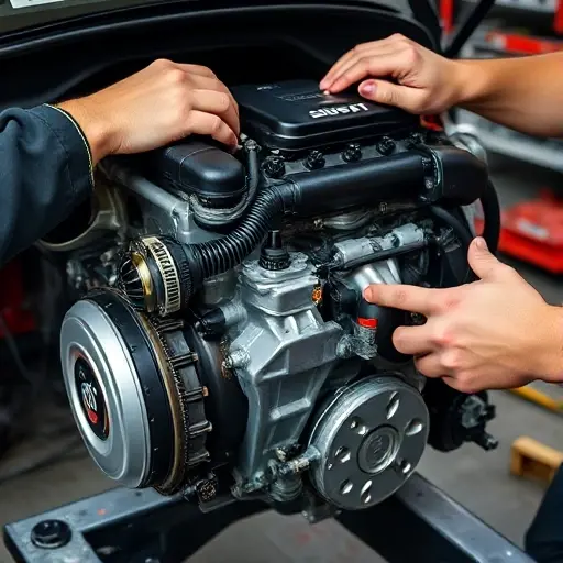 Ремонт двигателя Fiat 500 0.9 TwinAir 85 л.с. (2010–2020) A detailed view of a Fiat 500 TwinAir engine being repaired in a workshop, with mechanic hands and tools, engine components exposed, realistic lighting and shadows