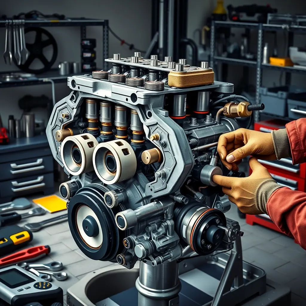 A detailed high-resolution illustration of a LADA Niva Legend 1.7 L engine being repaired in a clean workshop: the open engine block with pistons, crankshaft, and valve train exposed, surrounded by professional tools such as wrenches, sockets, and a diagnostic scanner, with a mechanic's gloved hands adjusting a component, soft natural lighting highlighting metal surfaces, realistic textures and depth.