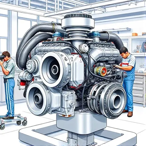A detailed, high-quality illustration of a Mastretta MXT 2.0 Turbo engine undergoing a major overhaul. Focus on the engine block, turbocharger, and associated components. Show tools and technicians working on the engine in a clean, well-lit workshop environment.