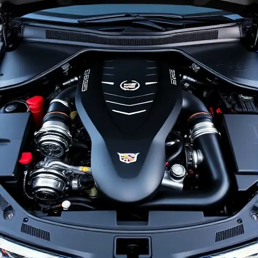 A detailed, high-quality image of the engine bay of a Cadillac XTS V Sport 3.6 V6 Twin Turbo. Focus on the engine components, showcasing the V6 engine, turbochargers, and other relevant parts. The engine should be well-lit and detailed, highlighting the craftsmanship.