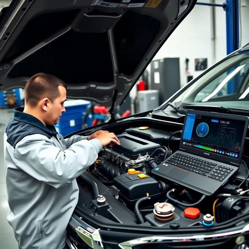 A skilled mechanic in a clean workshop is opening the hood of a 2022 Haval Jolion HEV, focusing on the 1.5L hybrid engine. The scene shows detailed engine components, diagnostic tools, and a laptop displaying engine data, with a bright, well-lit environment highlighting the precision of the repair work