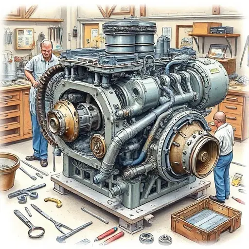 A detailed illustration of a GAZ 3102 Volga engine undergoing a major overhaul. The engine should be shown with various parts disassembled, tools scattered around, and technicians working on it. Focus on the engine block, cylinder head, and other key components. The scene should depict a workshop environment with visible tools and equipment.