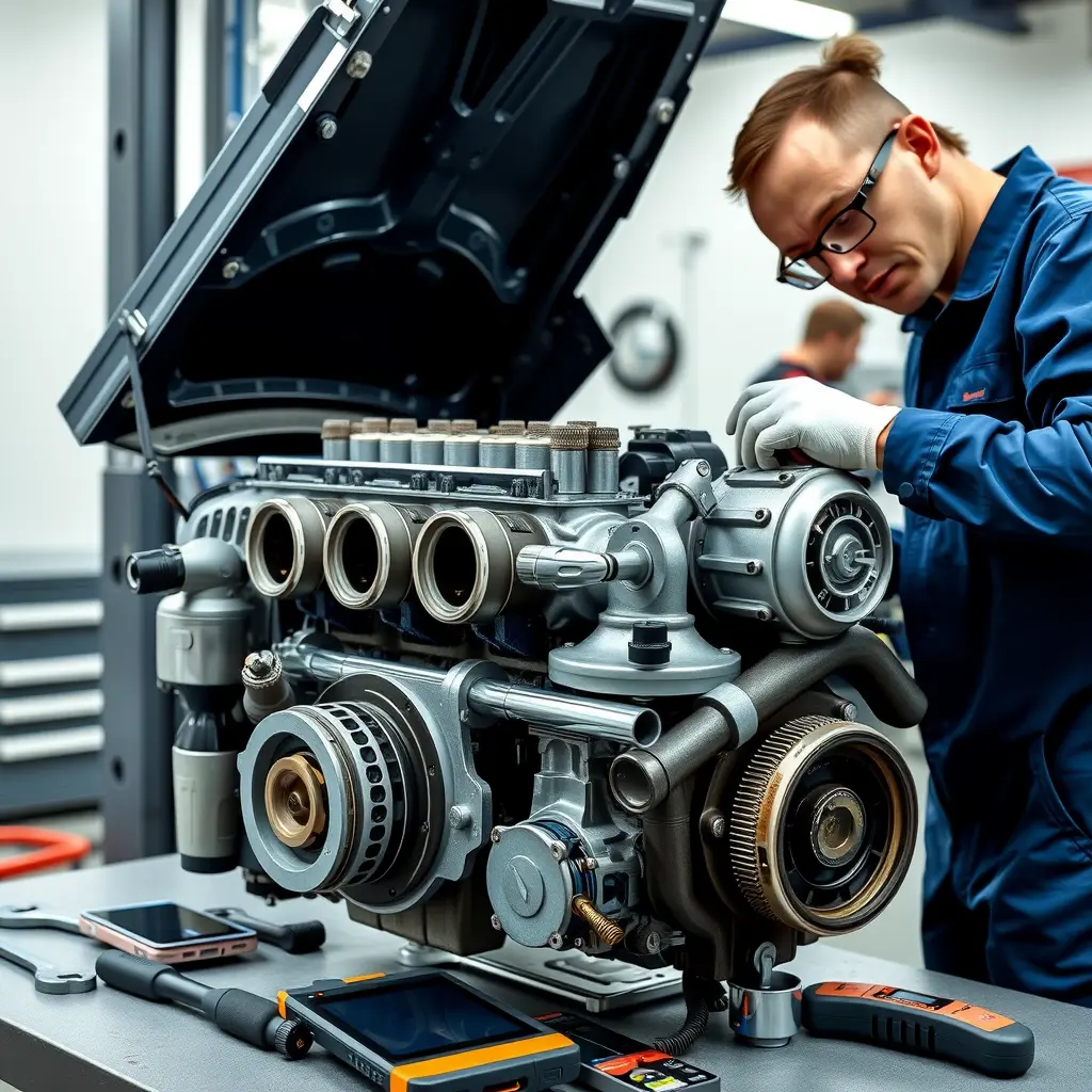 A detailed, realistic scene of a mechanic repairing the 3.0 L diesel engine of an Iveco Daily van (model 2014‑present). The engine block is open, showing pistons, fuel injectors, and turbocharger, with professional tools (wrenches, diagnostic scanner) laid out on a clean workshop bench. The mechanic wears a blue coverall, safety glasses, and gloves, focusing on the engine components. Soft industrial lighting highlights the metallic parts, emphasizing the technical details and the high‑quality workmanship.