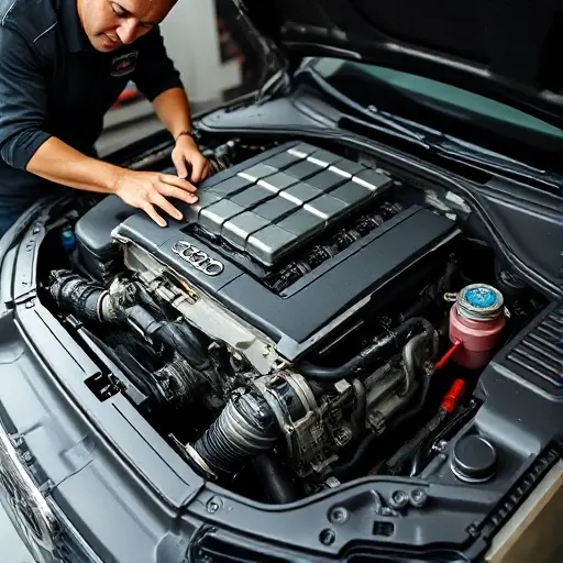 A mechanic is working on the engine of an Audi A4 2.0 TDI. The engine is partially disassembled, revealing internal components. Tools are scattered around the engine bay. The car is in a well-lit garage setting. Focus on the engine and the mechanic's hands working on it.