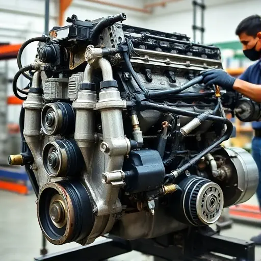 A detailed, high-quality image of a Mahindra Scorpio N 2.2 diesel engine undergoing a major repair. The engine should be partially disassembled, revealing intricate components. Focus on the engine block, cylinder head, and various parts being worked on by a mechanic. The background should be a clean, well-lit workshop environment.