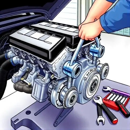 A detailed, close-up illustration of a Cadillac CTS 3.6 V6 engine being repaired. The image shows the engine block with visible pistons, crankshaft, and cylinder heads. A mechanic’s hands are holding a wrench, and a set of automotive tools are arranged neatly beside the engine. The setting is a clean, well-lit workshop with a subtle background of a garage. The focus is on the mechanical components and tools, with no visible text or labels.