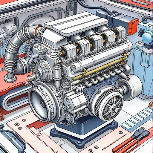 A detailed illustration of a Chevrolet Silverado 1500 3.0 Duramax engine undergoing a major repair. Focus on the engine block, visible components, and tools being used. The scene should depict mechanics working on the engine.