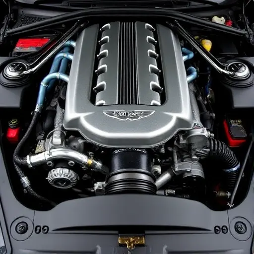 A detailed, high-quality image of the engine bay of an Aston Martin V8 Vantage 4.3 L V8 38. Focus on the engine itself, showcasing the V8 configuration, intake manifold, exhaust system, and other key components. The engine should be well-lit, highlighting its metallic surfaces and intricate details.