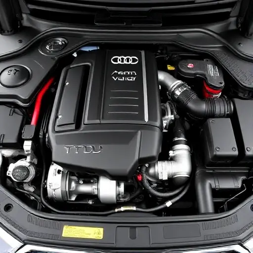 A detailed, high-quality image of the engine bay of a 2015-2017 Audi Q7 3.0 V6 TDI 231 hp. Focus on the engine components, including the TDI engine block, turbocharger, exhaust manifold, and various sensors and hoses. The lighting should be realistic, highlighting the metallic surfaces and intricate details.