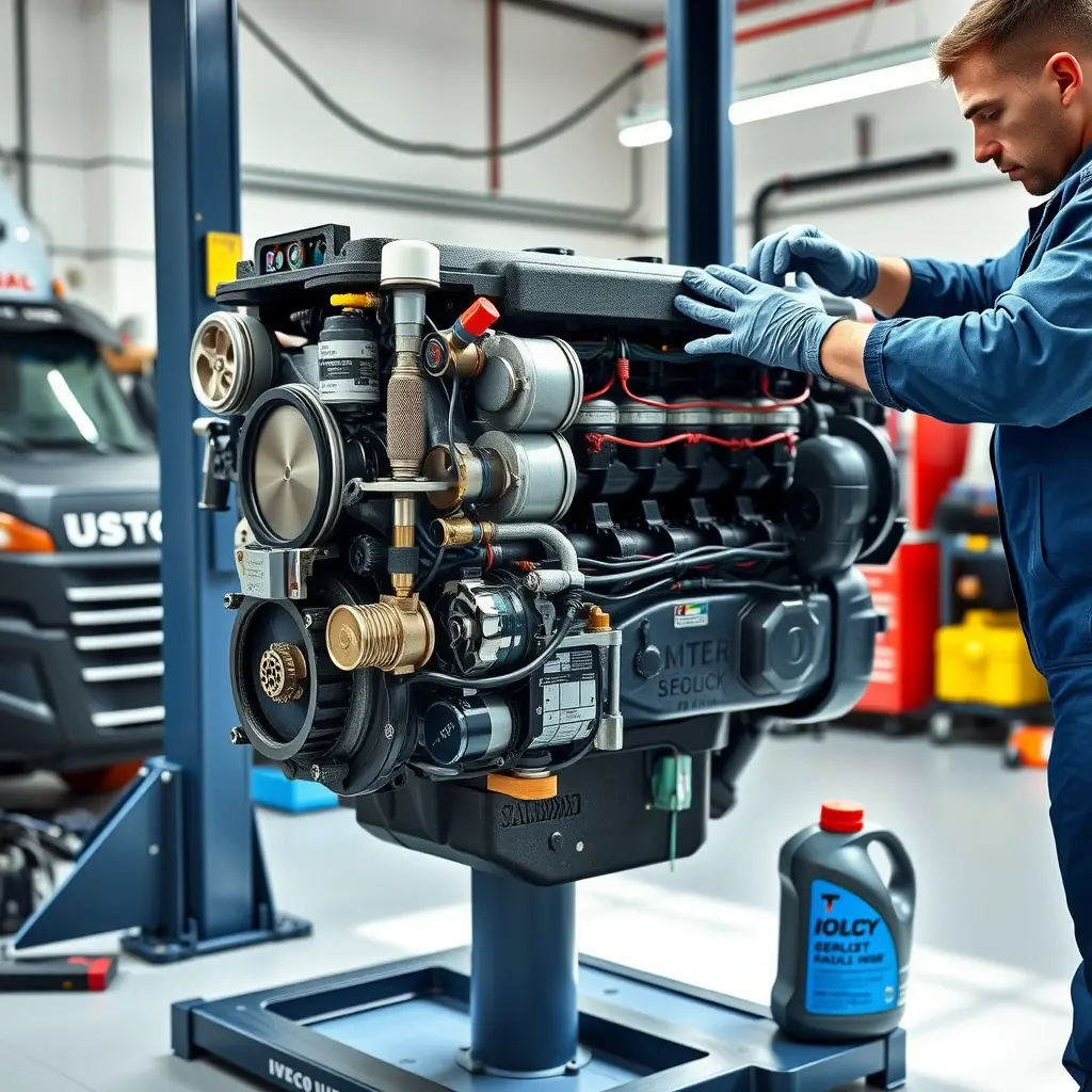 A detailed high-resolution scene of a mechanic performing a complete overhaul of an Iveco Daily 2.3 L diesel engine (156 hp) in a clean workshop. The engine is on a lift, with visible pistons, crankshaft, fuel injectors and other components, surrounded by professional tools, oil cans, and diagnostic equipment. The mechanic, wearing a blue coverall and gloves, is tightening a bolt on the cylinder head. Bright realistic lighting highlights metal textures and oil sheen.