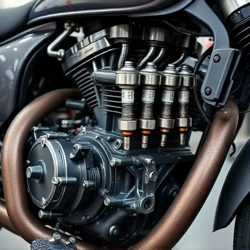 A detailed close-up of a mechanic repairing a Derways Cowboy 2.0 L 130 hp motorcycle engine, showing the engine block, pistons, spark plugs, and tools such as wrenches and screwdrivers, with a clean workshop background