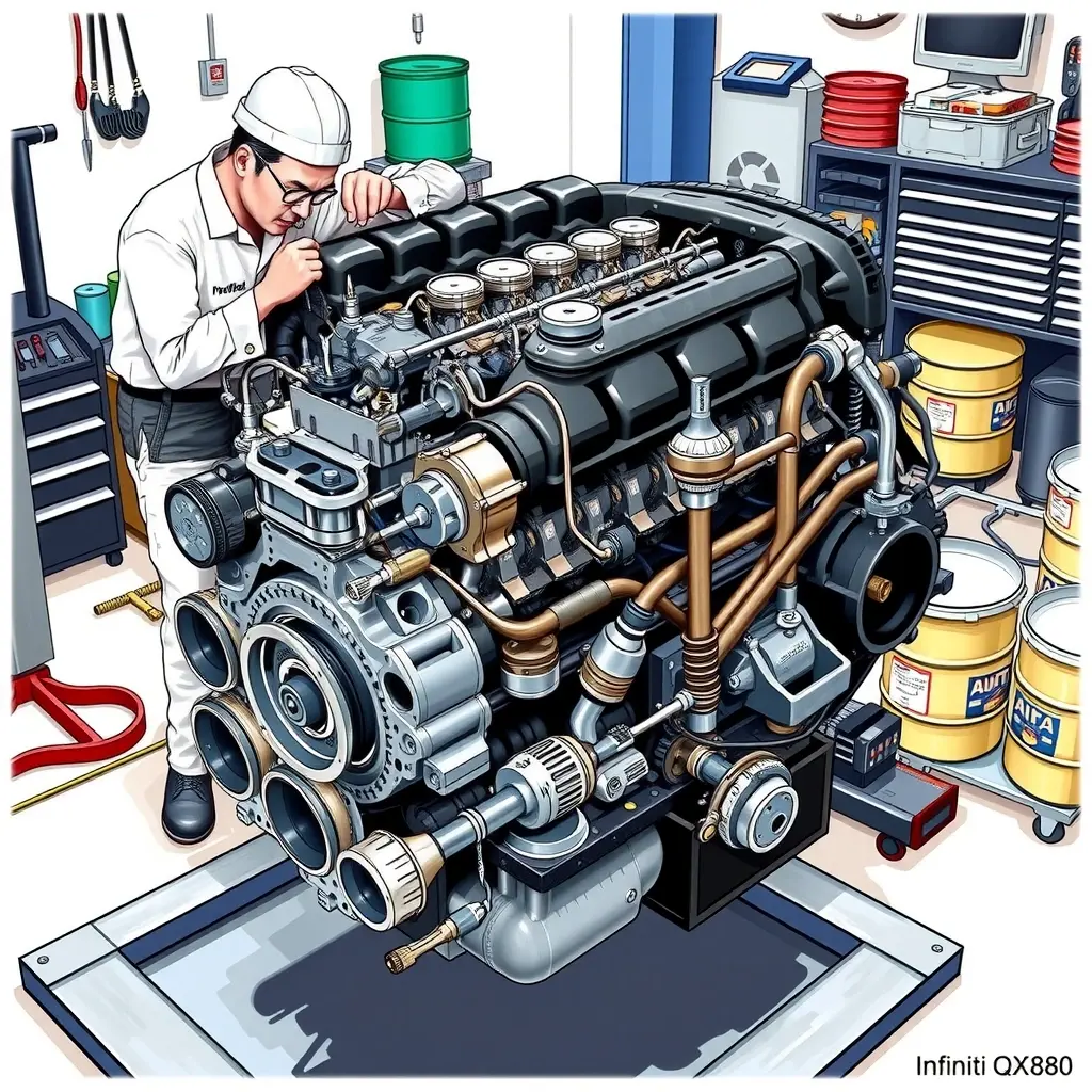 A detailed, high-resolution illustration of a 2017 Infiniti QX80 5.6 V8 engine undergoing a complete overhaul in a professional garage. The engine block is open, showing pistons, crankshaft, camshafts, and valve train. A skilled mechanic in clean workwear is using specialized tools (torque wrench, socket set) to inspect and replace components. The scene includes organized tool trays, oil drums, and a clean workshop background, emphasizing precision and technical detail.