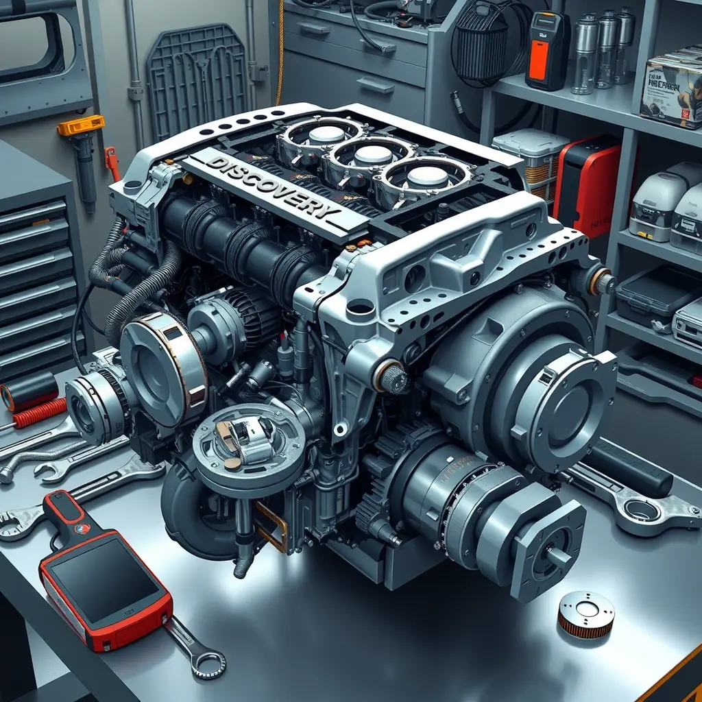 A detailed, high-resolution illustration of a Land Rover Discovery 3.0 inline-6 MHEV engine undergoing a complete overhaul: the engine block open with pistons, crankshaft, and valves visible, surrounded by mechanic tools such as wrenches, torque wrench, diagnostic scanner, and spare parts like gaskets and filters, set on a clean workshop bench with subtle lighting highlighting metallic surfaces and mechanical details