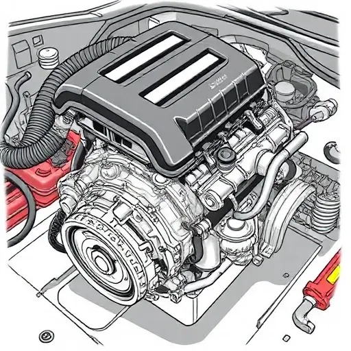 A detailed illustration of a Jeep Grand Cherokee 3.6 V6 engine undergoing a major repair. Focus on the engine block, visible components, and tools being used. The scene should depict mechanics working on the engine.