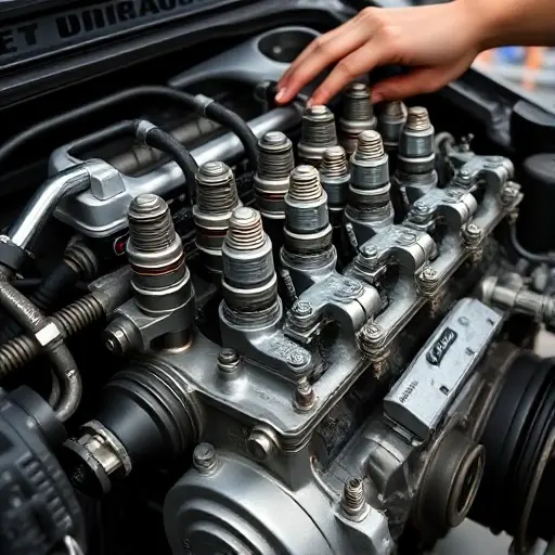 A detailed close-up of a mechanic repairing the 0.8L 51 hp engine of a Daewoo Matiz (1998-2005), showing the engine block, pistons, spark plugs, and tools such as wrenches and screwdrivers, with a clean workshop background