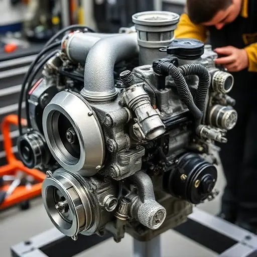 A detailed, high-quality image of a 2019-present Exeed LX 1.5 Turbo engine undergoing a major overhaul. Focus on the engine block, turbocharger, and associated components. Show tools and technicians working on the engine.