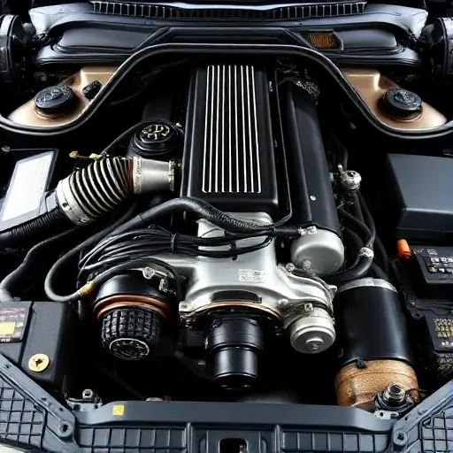 A detailed, high-quality image of a BMW 7er E38 5.4 V12 engine bay. The engine should be prominently displayed, showcasing the engine components, wiring, and hoses. Focus on the intricate details of the engine and its parts.