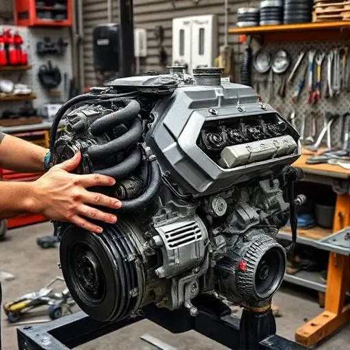 A close-up of a Borgward BX5 1.4T engine under repair in a workshop, showing a mechanic’s hands, a partially disassembled engine block, various automotive tools, and a workbench with organized parts, all rendered in a detailed, realistic style