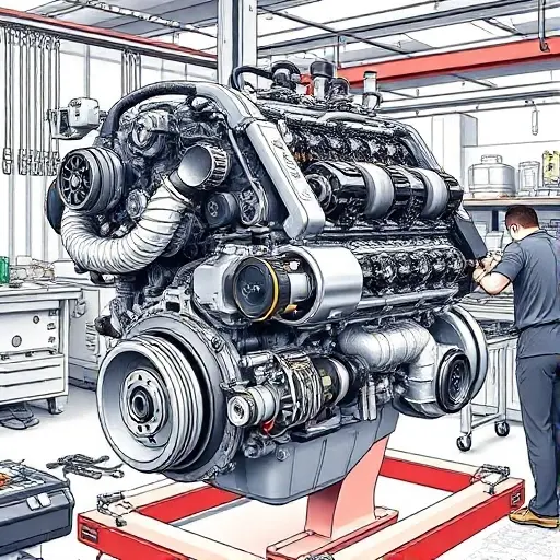 A detailed illustration of a Beijing BJ60 2.0 Turbo engine undergoing a major overhaul. The engine should be shown with visible components, tools, and technicians working on it in a workshop setting. Focus on precision and mechanical detail.