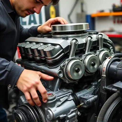 A detailed close-up of a mechanic repairing a Bowler Nemesis 5.0 V8 supercharged engine, with visible engine block, pistons, and tools, set in a workshop environment, no text or digits in the image