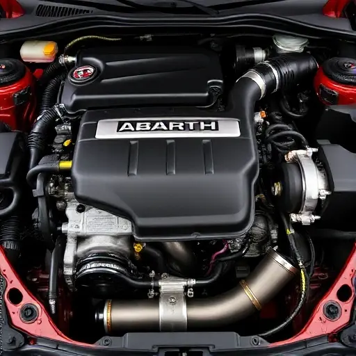 Abarth 124 Spider 1.4 MultiAir 170 hp engine repair, detailed shot of the engine components, showcasing the repair process. Focus on the engine block, intake manifold, and exhaust system.