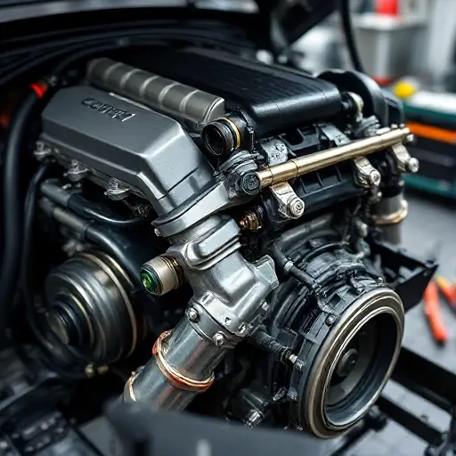 A detailed, high-quality image of a Cupra Formentor VZ5 2.5 TFSI 390 engine undergoing a major repair. Focus on the engine block, visible components, and tools being used. The scene should be in a professional automotive workshop setting.