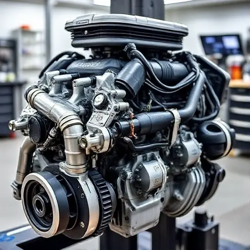 Капитальный ремонт двигателя Maserati Ghibli 2.0 Hybrid 330 л.с. (2020–2023) A detailed, high-quality image of a Maserati Ghibli 2.0 Hybrid engine undergoing a major repair. The engine should be partially disassembled, revealing intricate components. Focus on the mechanics and the repair process. The background should be a clean, professional workshop environment.