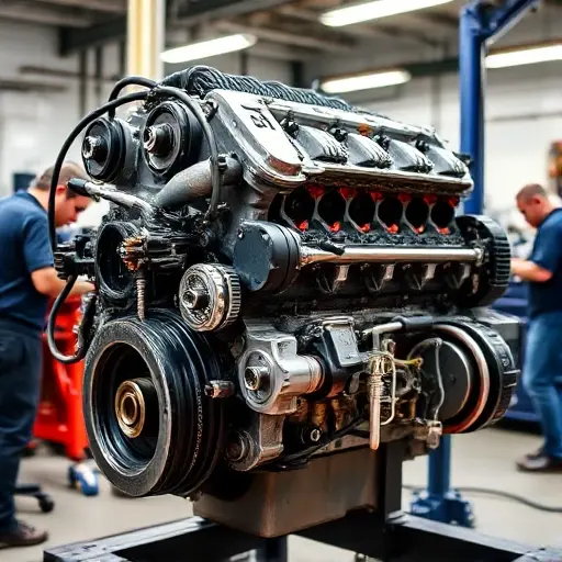 A detailed image of a Jeep Gladiator 3.6 V6 285 hp engine undergoing a major overhaul. The engine should be shown with visible components, tools, and technicians working around it in a well-lit workshop. Focus on the engine block, cylinder head, and various parts being inspected or replaced.