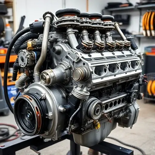 A detailed, high-quality image of a BMW 7er E38 2.8L 193 hp engine undergoing repair. The engine should be partially disassembled, showing various components and tools. Focus on the engine block, cylinder head, and related parts. The background should be a clean, well-lit workshop environment.