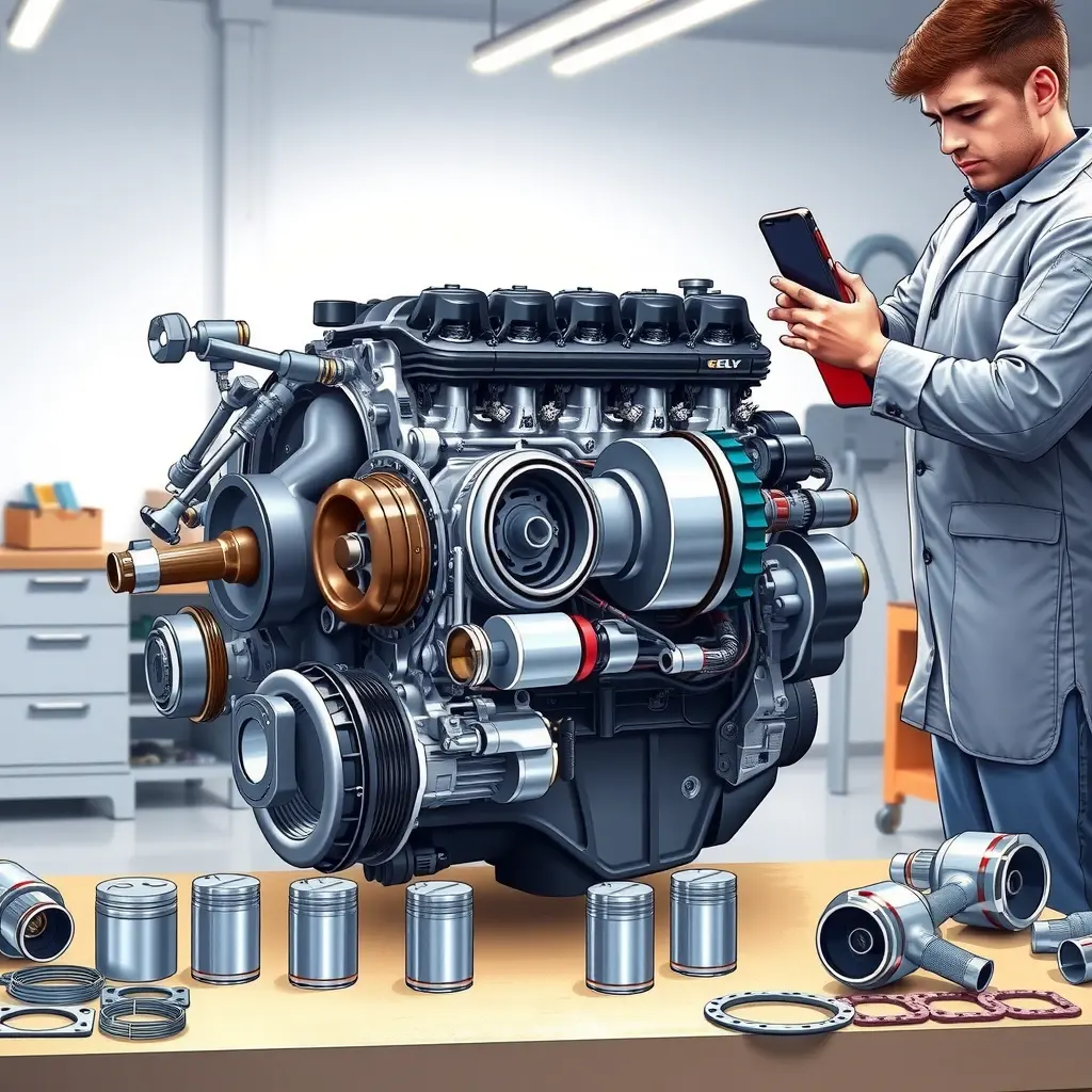 A detailed, high-resolution illustration of a Geely Atlas Pro 1.5 Turbo engine undergoing a complete overhaul in a clean, well-lit workshop. The engine block is open, showing pistons, crankshaft, turbocharger, and fuel injection system. A mechanic in a neutral uniform is using professional tools (wrenches, diagnostic scanner) to inspect and replace components. Spare parts such as new pistons, gaskets, and a turbocharger are neatly arranged on a nearby workbench. The scene emphasizes precision, cleanliness, and the technical complexity of the repair, with realistic lighting and sharp focus.