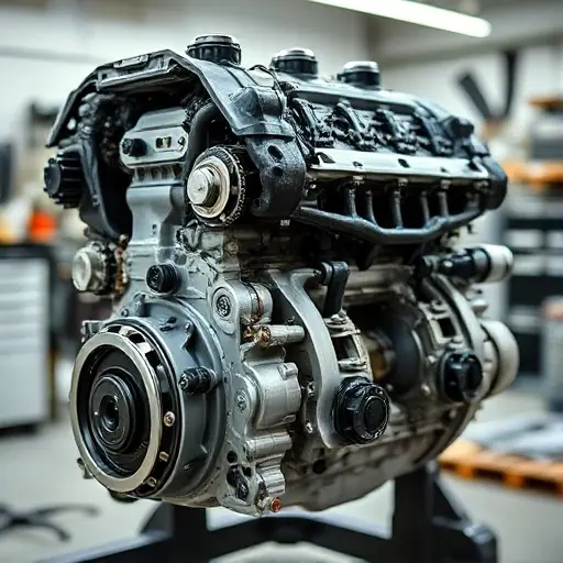 A detailed, high-quality image of a Chrysler 300 3.6 V6 engine undergoing a major repair. The engine should be partially disassembled, revealing internal components. Focus on the engine block, cylinder head, and visible parts of the engine bay. The background should be a clean, well-lit workshop environment.