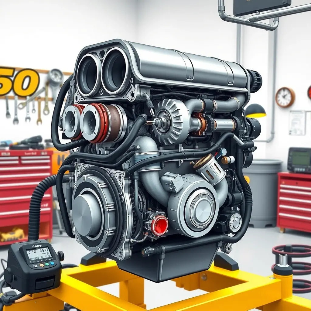 A detailed, high-resolution illustration of a Jeep Wrangler 2.0 Turbo 270 hp engine undergoing a complete overhaul. The engine block is open, showing pistons, crankshaft, turbocharger, and fuel injection components. Various mechanic tools such as wrenches, torque wrenches, and diagnostic equipment are arranged around the engine. The setting is a clean, well-lit garage workshop with a focus on the engine parts, emphasizing precision and technical detail.