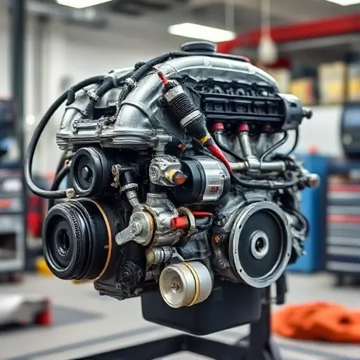 A detailed, high-quality image of a Cupra Formentor 1.5 TSI 150 hp engine undergoing a major repair. The engine should be partially disassembled, revealing intricate components. Focus on the mechanics and the repair process. The background should be a clean, well-lit workshop environment.