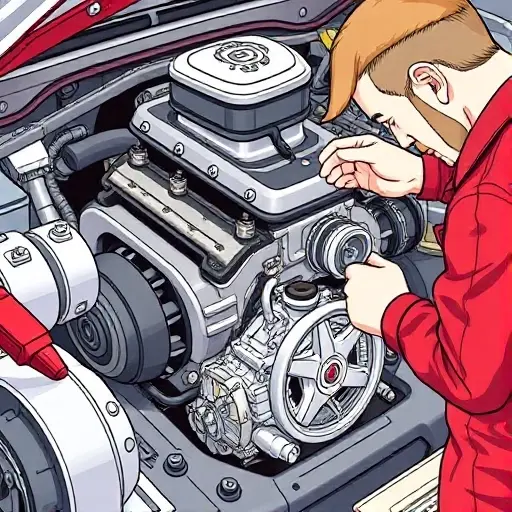A detailed illustration of an Abarth 500 1.4 T Jet engine repair process. Focus on the engine components, tools, and a mechanic working on the engine. The scene should be well-lit and show close-ups of specific parts being examined or replaced.
