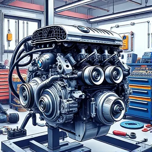 A detailed illustration of a mechanic performing a major engine overhaul on a 2005 BMW 1 Series (E81) 3.0L inline-6 engine, showing the engine block opened, pistons, crankshaft, and tools such as wrenches and diagnostic equipment in a clean garage environment, with realistic lighting and focus on mechanical components