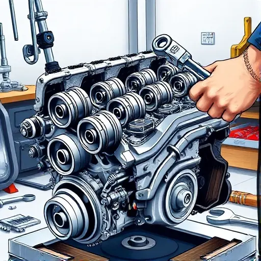 A close-up, high-detail illustration of a Bufori Geneva 2.4L R4 160hp engine in the midst of repair. The image shows an open engine block with visible pistons, crankshaft, and cylinder heads. A mechanic’s hands are holding a wrench and a torque wrench, with a toolbox and engine parts scattered around. The background is a clean workshop setting with subtle lighting to highlight the metal surfaces and tool details. No text, letters, or digits are present in the scene.