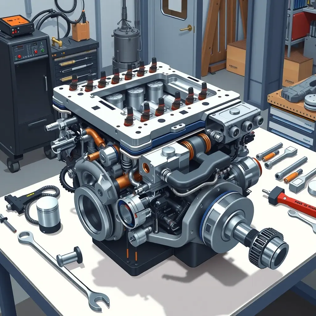 A detailed, high-resolution illustration of a Khazar LDV 2.5L diesel engine (136 hp) undergoing a complete overhaul. Show the engine block opened, with components such as pistons, crankshaft, camshaft, fuel injectors, and turbocharger laid out on a clean workshop bench. Include tools like wrenches and diagnostic equipment nearby, and highlight the cleaned and polished surfaces of the engine parts. The scene should convey a professional mechanical workshop environment with bright, focused lighting, emphasizing the precision and thoroughness of the repair process.