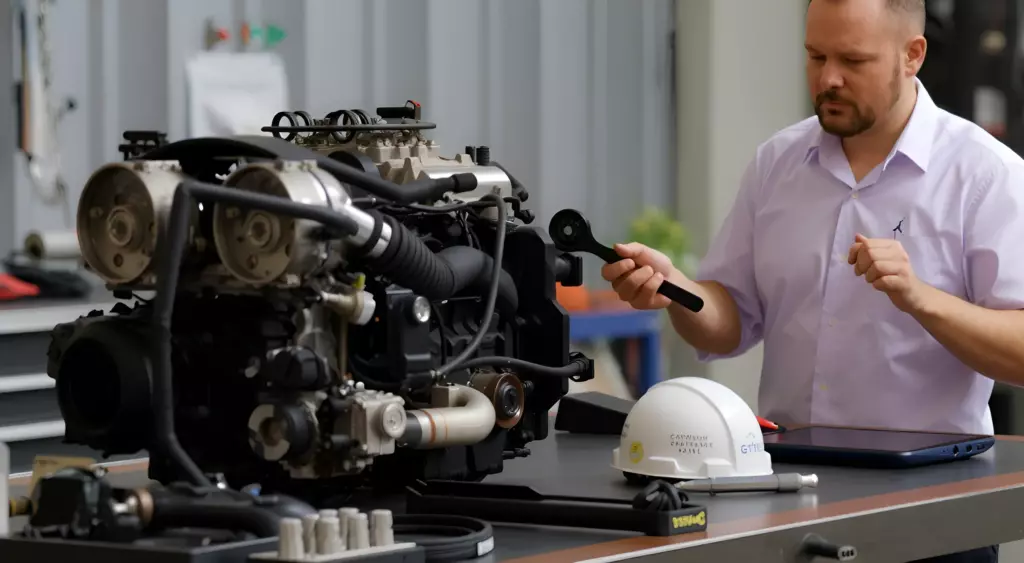 A realistic horizontal photo of a professional automotive repair workshop. In the foreground, a mechanic in blue coveralls and safety glasses is working on a Caterham engine mounted on a hydraulic lift. The engine is partially disassembled, showing visible pistons and crankshaft. The background features a clean, organized workshop with a metal workbench, assorted tools, and a wall-mounted engine parts rack. Bright, evenly distributed lighting highlights the mechanical details. No text, letters, or signage is present.