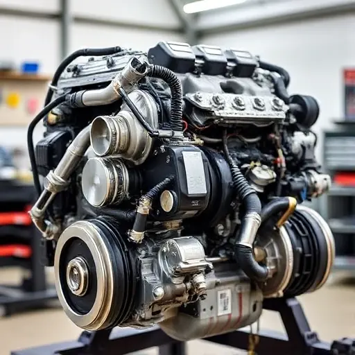 A detailed, high-quality image of a Cadillac CT4 V 3.6 V6 engine undergoing a major repair. The engine should be partially disassembled, revealing intricate components. Focus on the engine block, cylinder head, and visible parts of the internal mechanisms. The background should be a clean, well-lit workshop environment.
