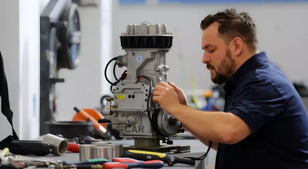 A high-resolution horizontal photo of a skilled mechanic in a clean workshop, carefully disassembling an Ascari engine. The scene shows the engine block, pistons, and various tools spread on a workbench. Bright, focused lighting highlights the metallic surfaces and the precision of the repair work.