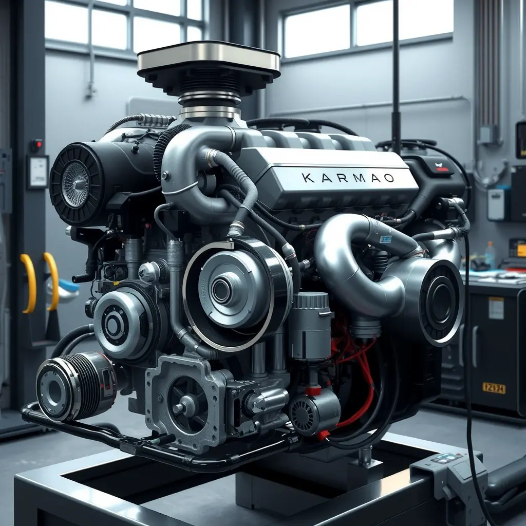 A high-detail illustration of a Karma Revero PHEV 2.0T engine being repaired in a modern workshop, with visible components such as the turbocharged engine block, electric motor units, wiring harnesses, and diagnostic tools, all rendered in realistic lighting and textures, emphasizing the mechanical complexity and hybrid technology