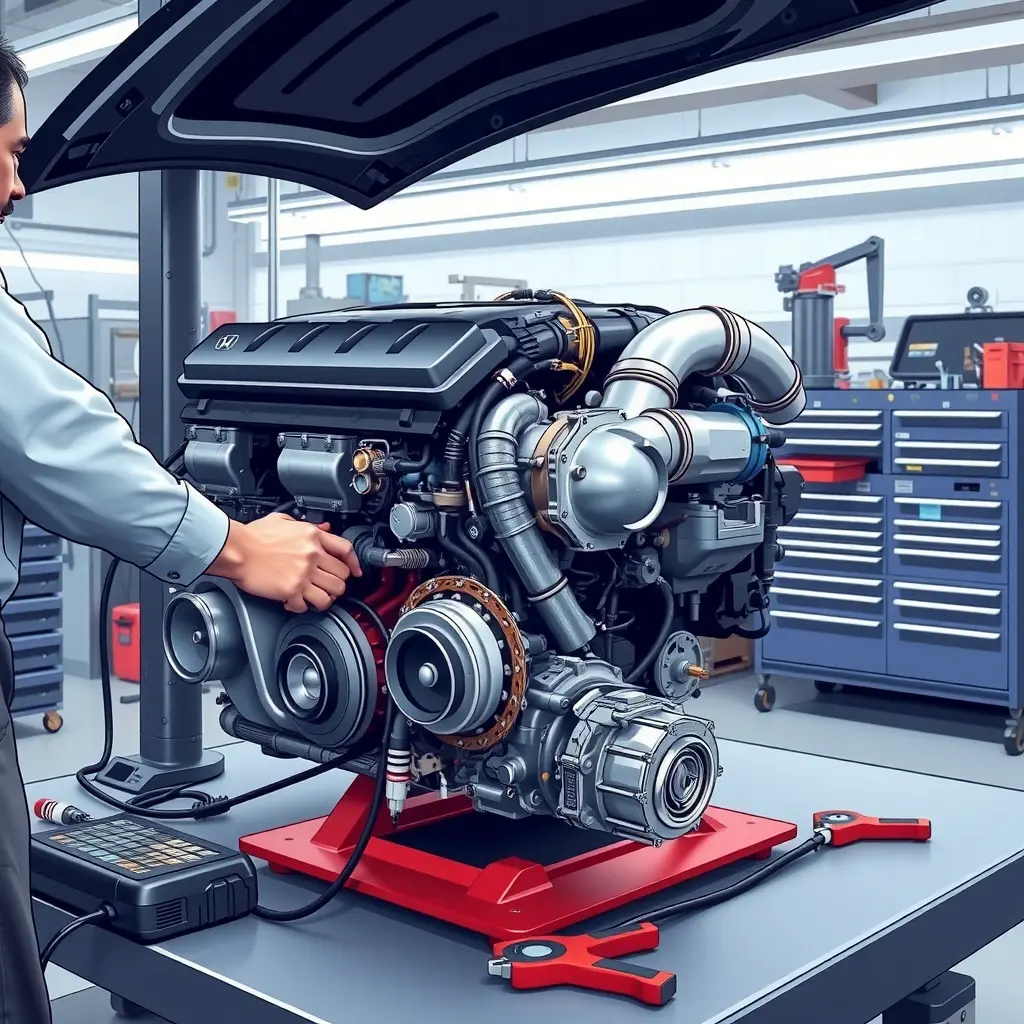 A detailed, high-resolution illustration of a mechanic repairing the 1.5 Turbo engine of a 2018 Honda Accord, showing the engine block, turbocharger, spark plugs, and diagnostic tools on a clean workshop bench, with realistic lighting and focus on mechanical components