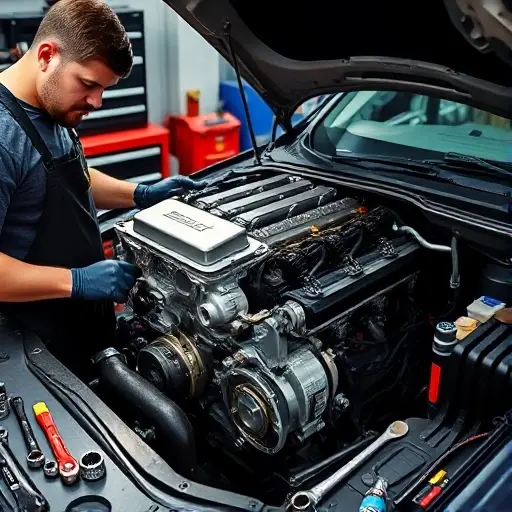 A detailed workshop scene showing a mechanic repairing a V6 engine from a Cadillac SRX. The image should feature an open engine bay with the 3.0 V6 engine block exposed, surrounded by automotive tools such as wrenches, sockets, and a torque wrench. The mechanic, wearing a work apron and gloves, is carefully inspecting the engine, with a focus on the cylinder heads and timing components. The background should include a workbench, a toolbox, and a subtle hint of a Cadillac SRX vehicle chassis. The lighting is bright and focused on the engine area, highlighting the metallic surfaces and the fine details of the engine internals. No text, logos, or numbers should be present in the image.