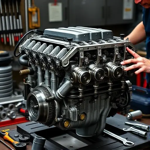A realistic workshop scene of a mechanic repairing a Chrysler Voyager 3.6 V6 engine, showing the engine block, pistons, crankshaft, and tools such as wrenches, sockets, and a torque wrench, with a workbench and a light source illuminating the engine, all depicted in detailed, realistic style