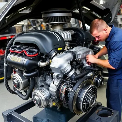 A detailed, high-quality image of a Bentley Continental GT 4.0L V8 Twin Turbo 542 engine undergoing repair. Focus on the engine components, tools, and a mechanic working on it. The scene should be well-lit in a professional workshop setting.