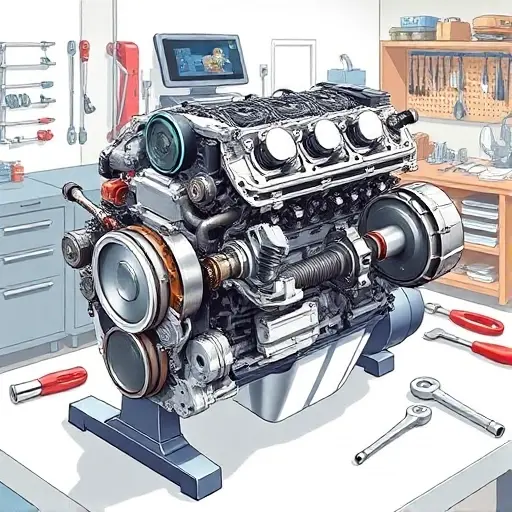 A detailed illustration of a Brilliance V5 1.6 L 118 hp engine from 2011-2015 undergoing a comprehensive overhaul, showing disassembled components like pistons, crankshaft, and camshaft on a clean workbench with tools and engine parts neatly arranged, realistic lighting and technical accuracy