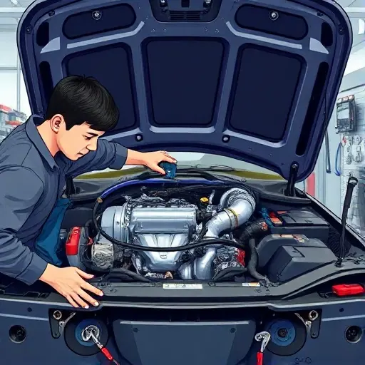 A realistic, close-up illustration of a mechanic working on a 1.5 L turbo engine from an Exeed LX in a clean workshop, showing the open hood, visible engine components, diagnostic tools and hand tools, with focused lighting highlighting the engine bay, without any text or logos