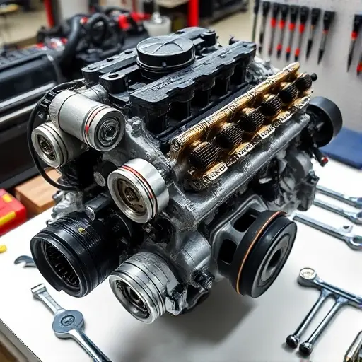 A detailed, realistic image of a car engine undergoing a major overhaul. Focus on the Abarth Fastback 1.3 Turbo Flex 185 engine components – pistons, cylinders, turbocharger, and connecting rods – laid out on a clean workbench. Tools like wrenches, sockets, and diagnostic equipment are subtly present in the background. The engine should appear partially disassembled, showcasing the internal workings.